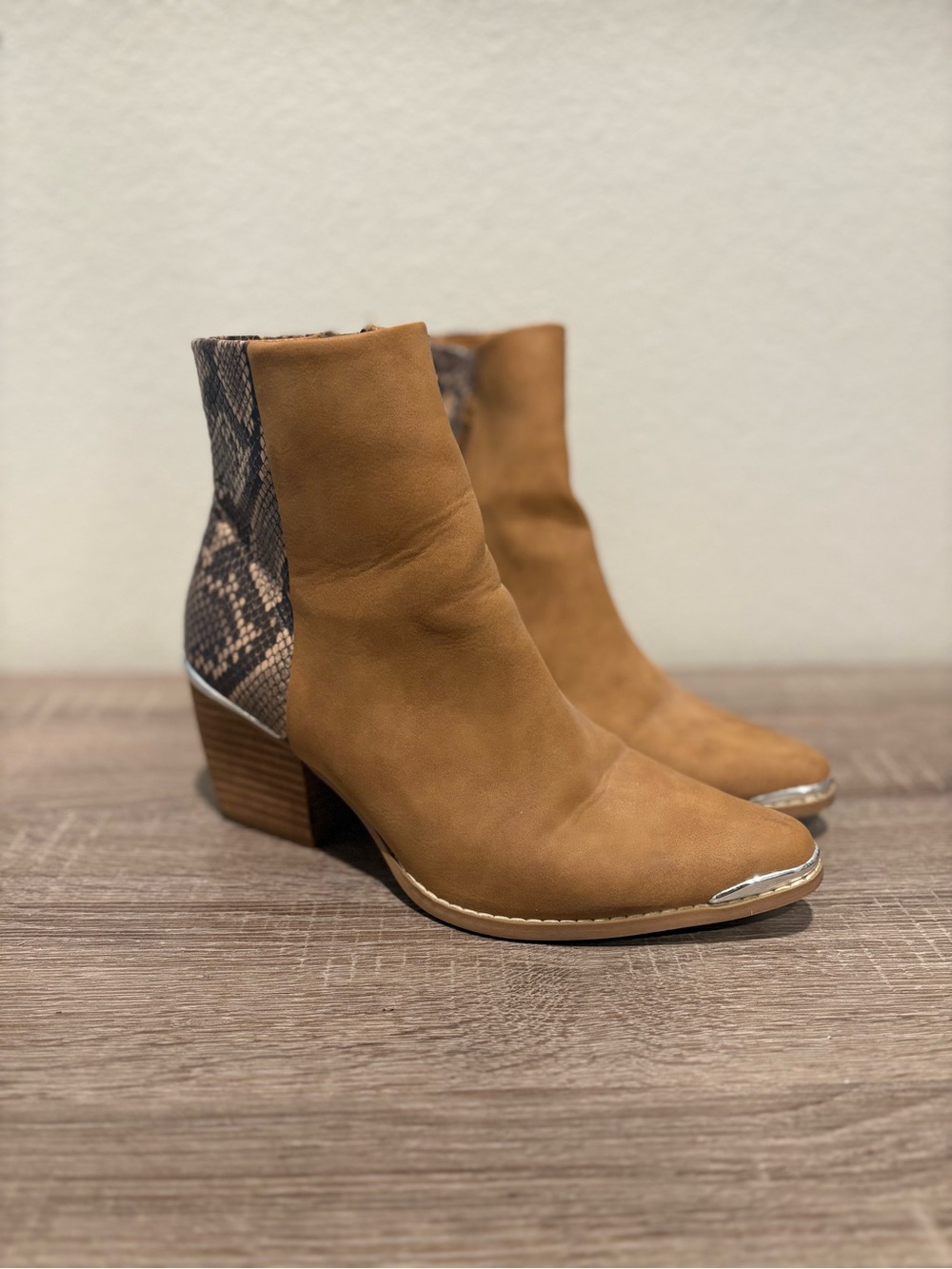 Dolce Vita Tan Suede Ankle Boots with Snakeskin Accent